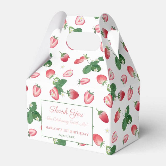 Sweet Summer Strawberries Girl Birthday Party Favor Boxes (Front Side)