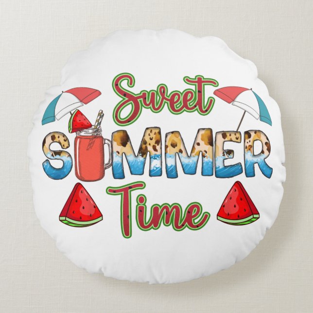 Sweet Summer Time | Colorful Watermelon Slice Round Pillow (Front)