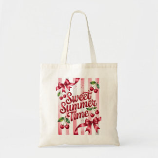 Sweet Summer Time Red Cherries and Pink Ribbons Tote Bag