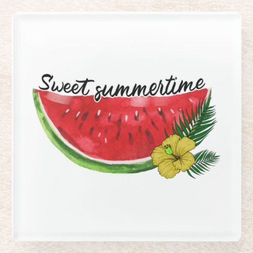 Sweet Summer Time  Watercolor Watermelon Glass Coaster