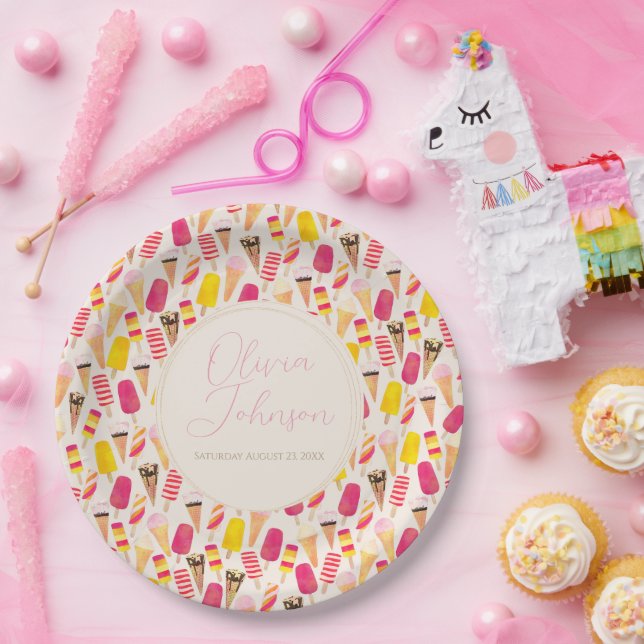 Sweet Summer Watercolor Ice Cream Paper Plates (Party)