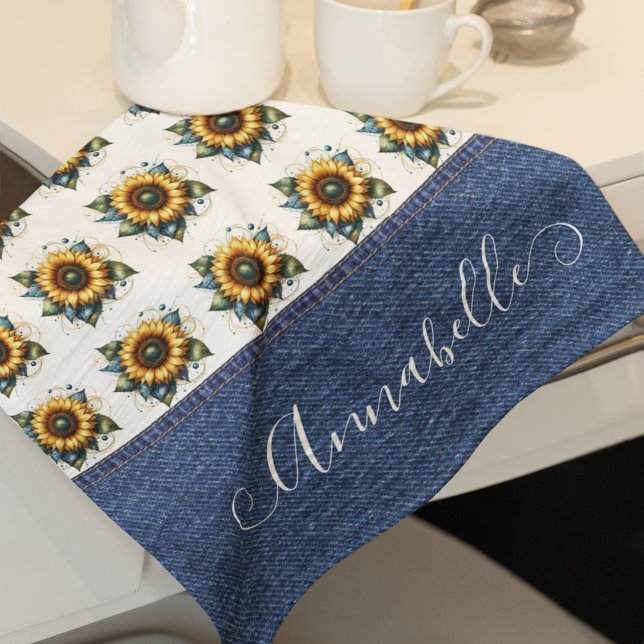 Sweet Sunflowers and Faux Denim Fancy Monogram Kitchen Towel (Creator Uploaded)