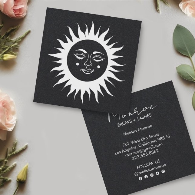 Sweet Sunshine Boho Line Art Gray Social Media Square Business Card (White line art sun on a luxurious deep gray/black paper. Add your own details to make it shine!)