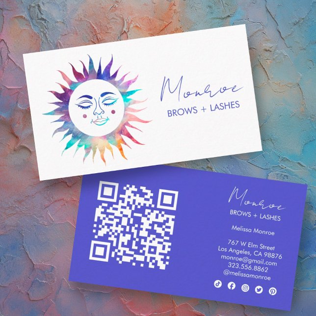 Sweet Sunshine Rainbow Boho Elegant Social Icon QR Business Card (Sunshine rainbow custom business cards, qr code and social media icons)