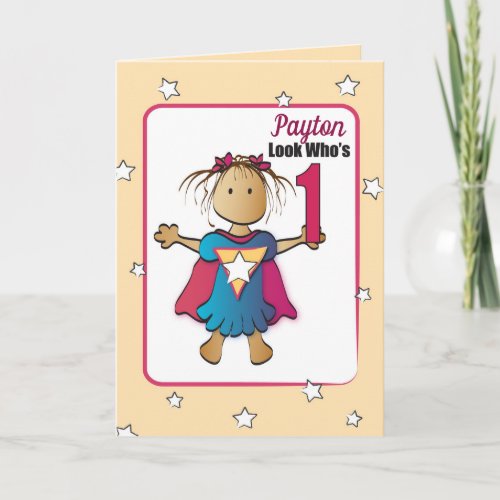 Sweet Super Girl Cartoon 1st Birthday  Card