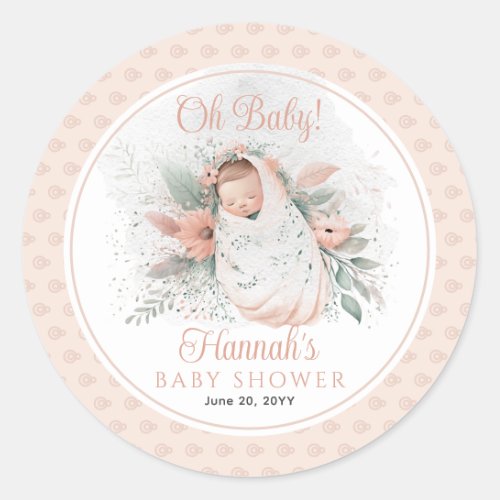 Sweet Swaddled Oh Baby Floral Girl Baby Shower Classic Round Sticker