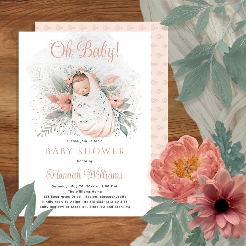 Sweet Swaddled Oh Baby Floral Girl Baby Shower Invitation