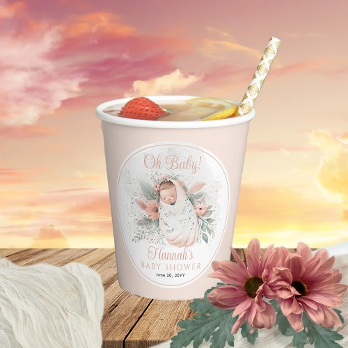 Sweet Swaddled Oh Baby Floral Girl Baby Shower Paper Cups