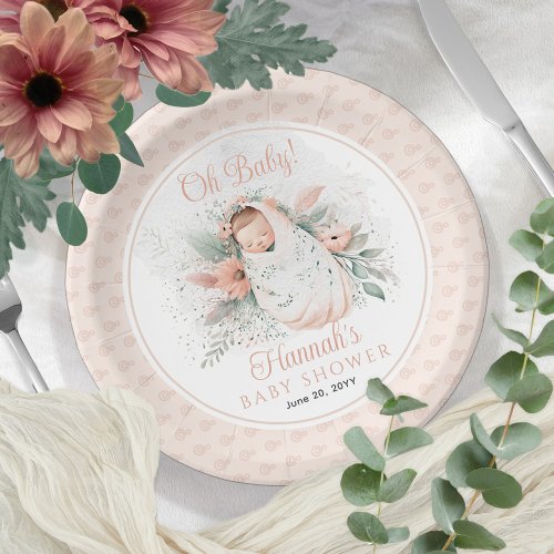 Sweet Swaddled Oh Baby Floral Girl Baby Shower Paper Plates
