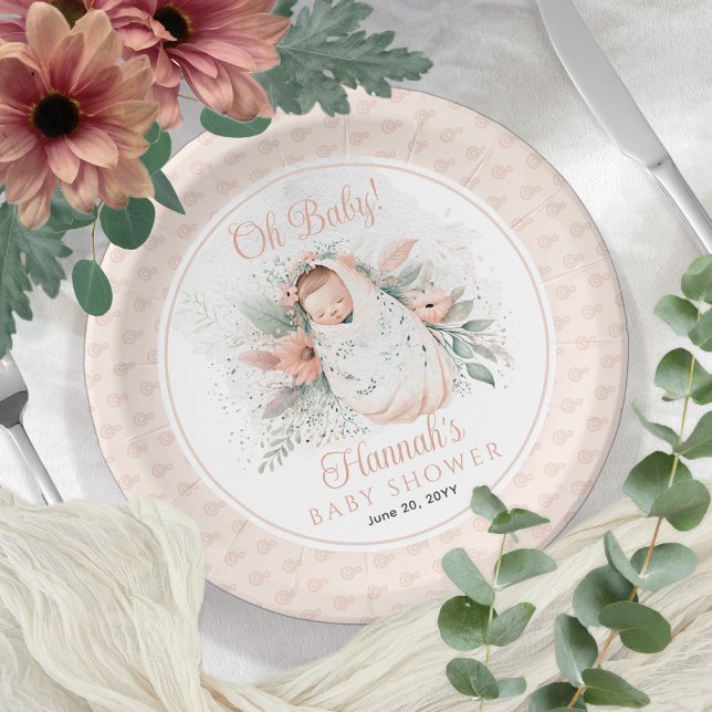 Sweet Swaddled Oh Baby Floral Girl Baby Shower Paper Plates (Creator Uploaded)