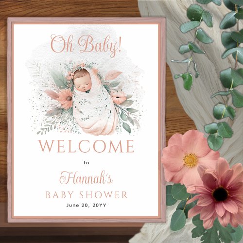 Sweet Swaddled Oh Baby Floral Girl Baby Shower Poster