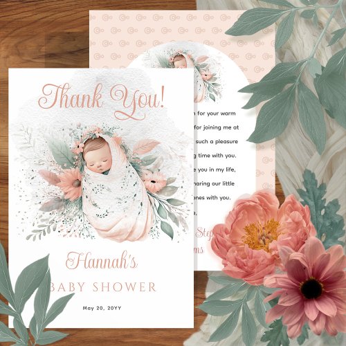 Sweet Swaddled Oh Baby Floral Girl Baby Shower Thank You Card