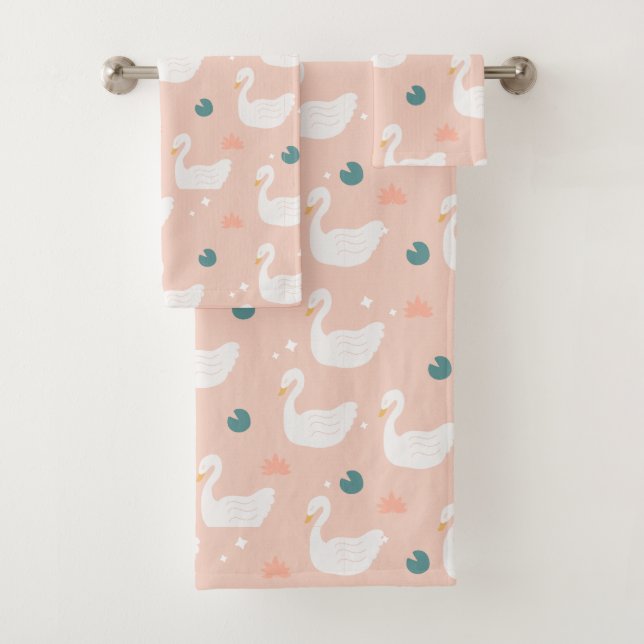 Sweet Swan Pattern Pastel Pink Bath Towel Set (Insitu)