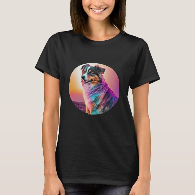 Sweet Synthwave Australian Shepherd with 80s Twist T-Shirt (Front)
