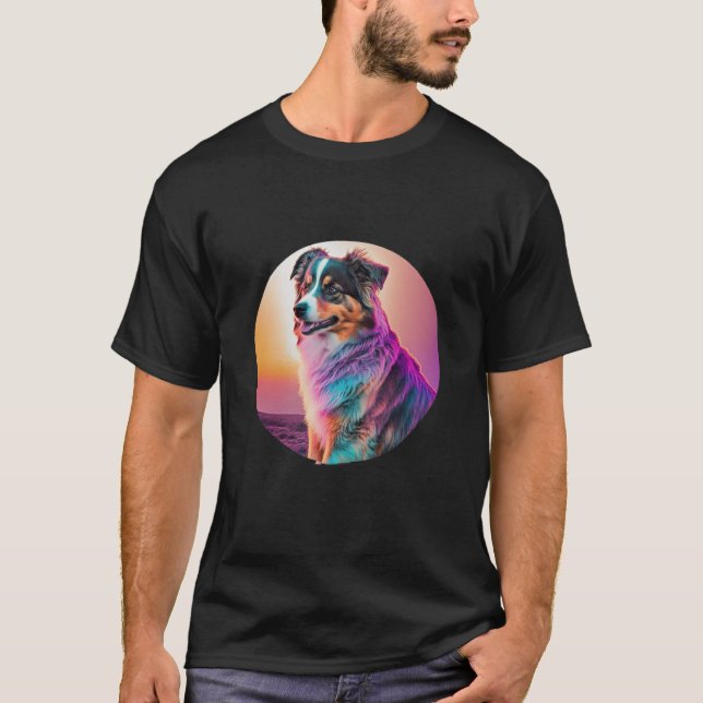 Sweet Synthwave Australian Shepherd with 80s Twist T-Shirt (Front)