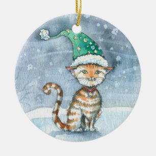 Sweet Tabby Cat in Holiday Hat Ornament