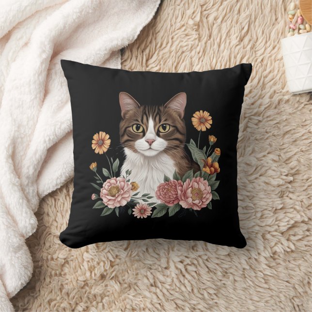 Sweet Tabby Cat with Flowers  Throw Pillow (Blanket)