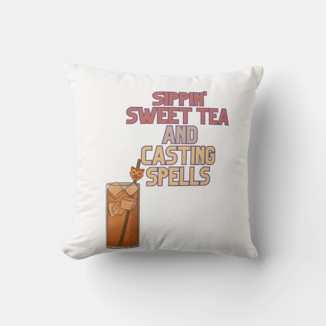 Sweet Tea and Spells Witchy Humor Throw Pillow (Front)