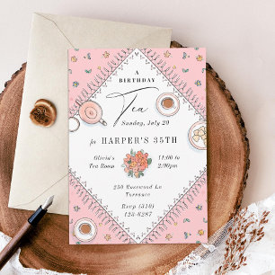 Sweet Tea Party Pink Birthday Invitation