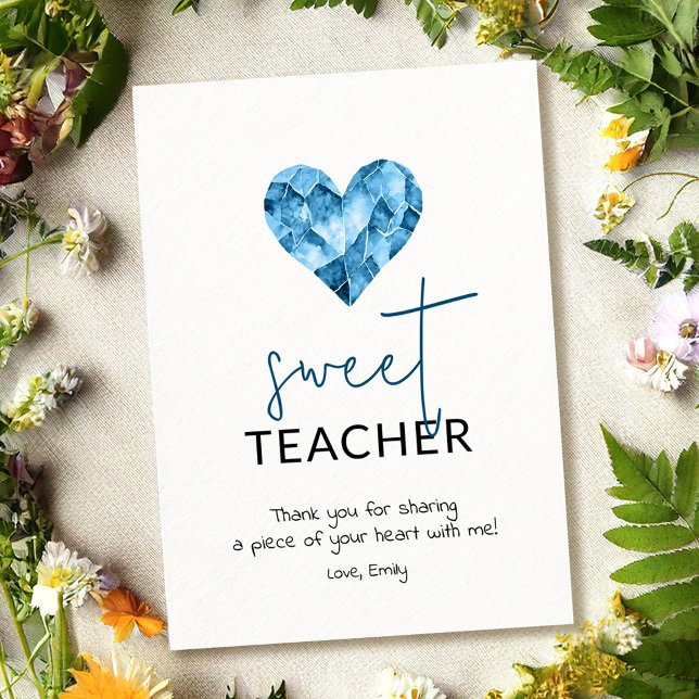 Sweet teacher with blue watercolour diamond heart holiday card (Creator Uploaded)