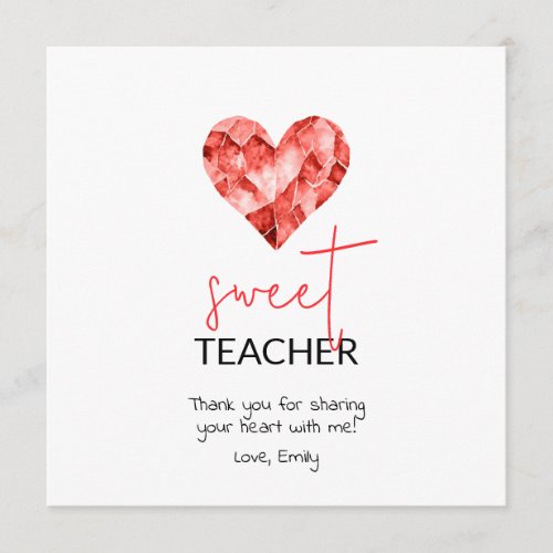 Sweet teacher with red watercolour diamond heart holiday card