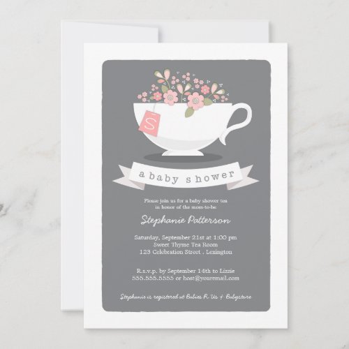 Sweet Teacup  Pink Floral Baby Shower Invitation