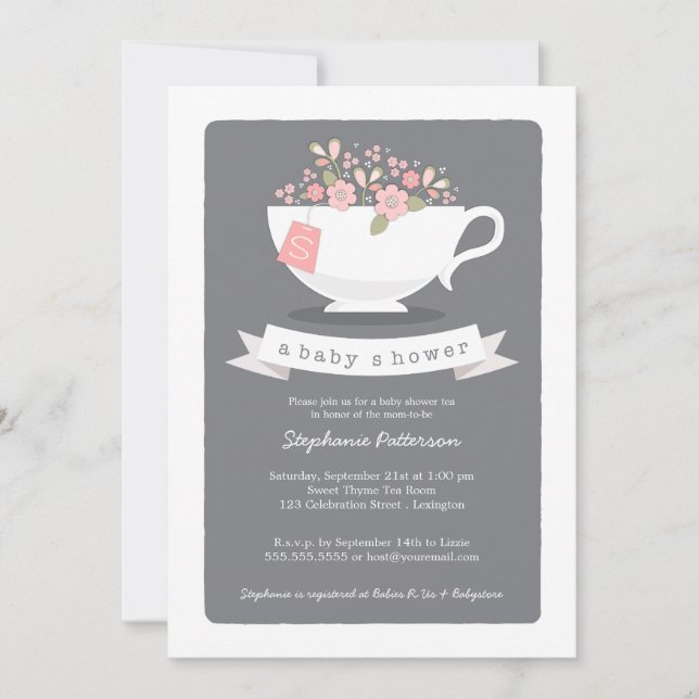 Sweet Teacup & Pink Floral Baby Shower Invitation (Front)