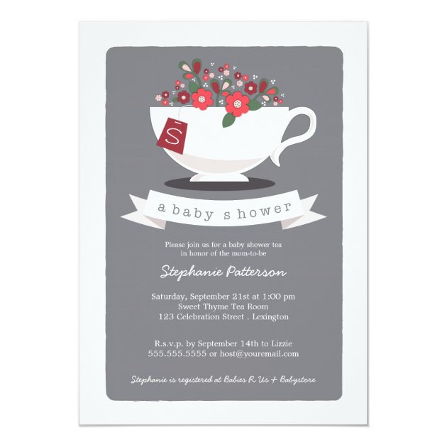 Sweet Teacup & Red Floral Baby Shower Invitation