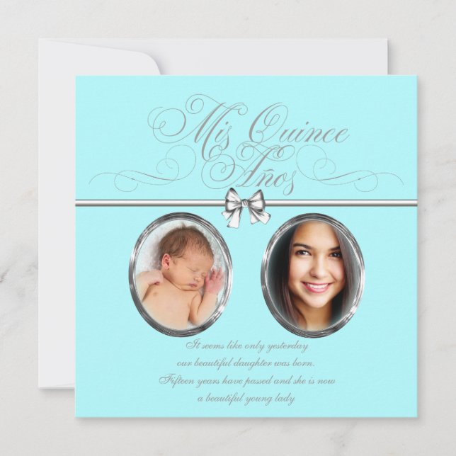 Sweet Teal Blue Photo Quinceanera Invitation (Front)
