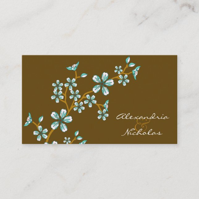 Sweet Teal Cherry Blossom Wedding Website Cards (Front)