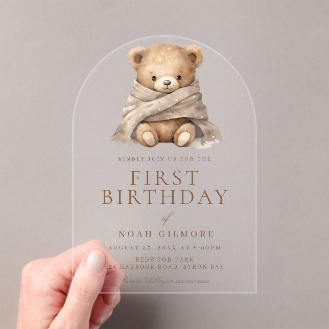 Sweet Teddy Bear 1st First Birthday Party  Acrylic Invitations (Insitu (Handheld))