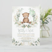 Sweet Teddy Bear Baby Shower Greenery Gold Balloon Invitation (Standing Front)