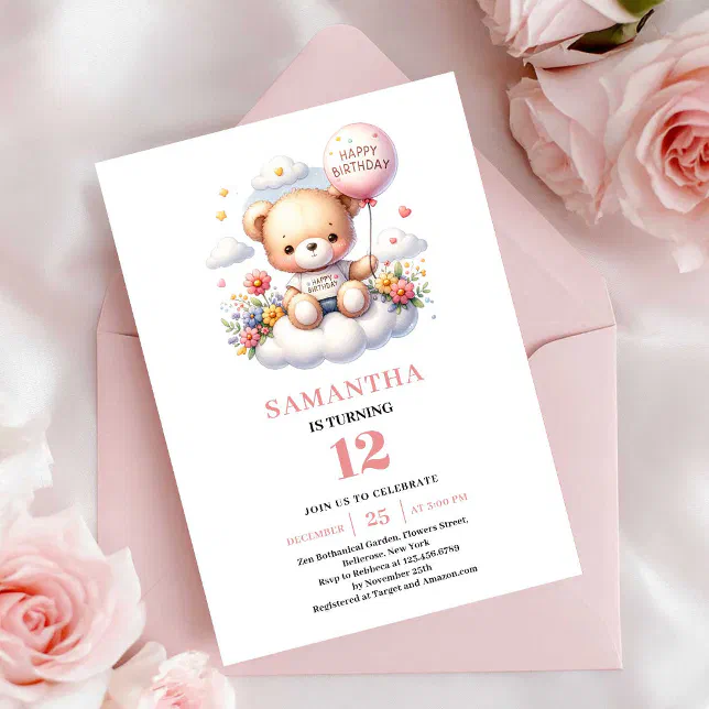 Sweet teddy bear balloon flowers girl birthday invitation | Zazzle