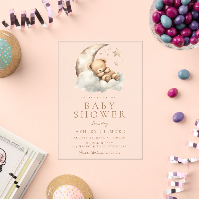 Sweet Teddy Bear Beige Neutral Baby Shower Acrylic Invitations (Insitu (Celebration))
