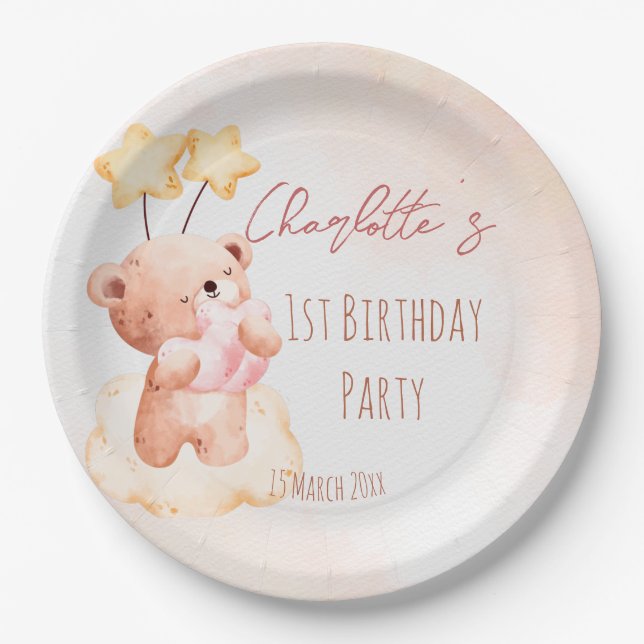 Sweet teddy bear birthday party personalized  paper plates (Front)