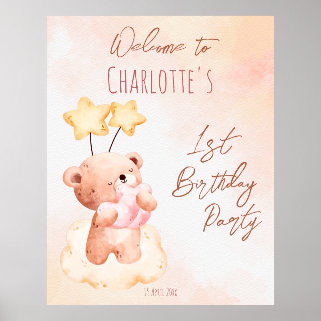 Sweet teddy bear birthday party personalized  poster (Front)