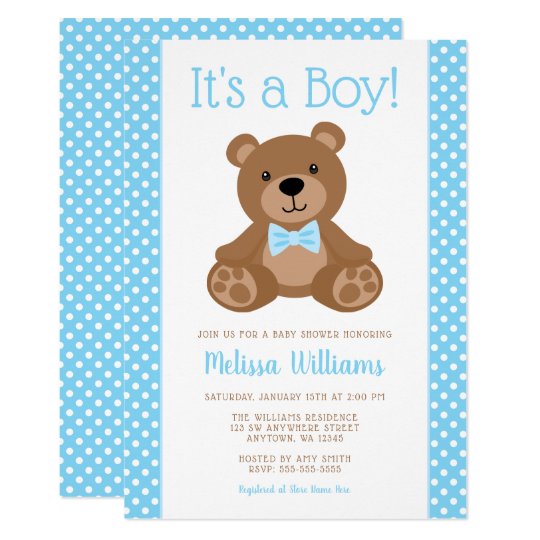 Sweet Teddy Bear Blue Polka Dot Baby Shower Invitation | Zazzle.com