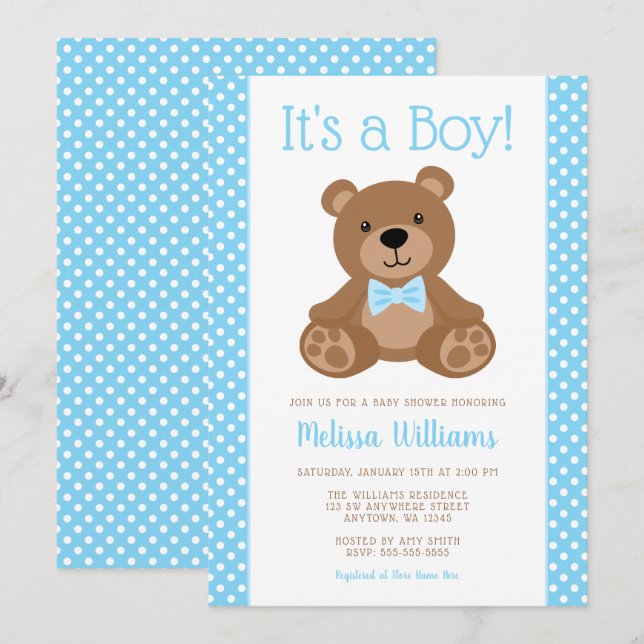Sweet Teddy Bear Blue Polka Dot Baby Shower Invitation (Front/Back)