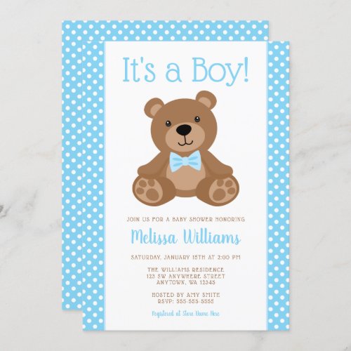 Sweet Teddy Bear Blue Polka Dot Baby Shower Invitation