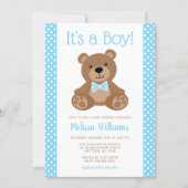 Sweet Teddy Bear Blue Polka Dot Baby Shower Invitation (Front)
