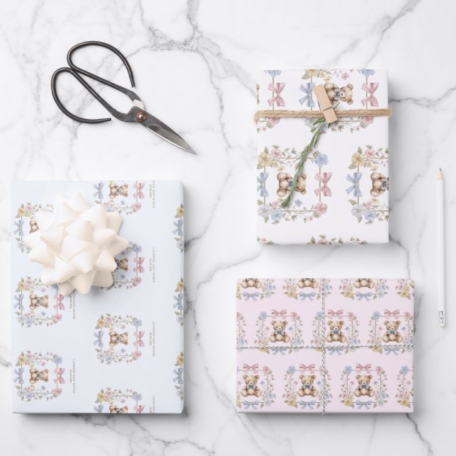 Sweet Teddy Bear Bows Baby Shower Gift Wrap (Front)