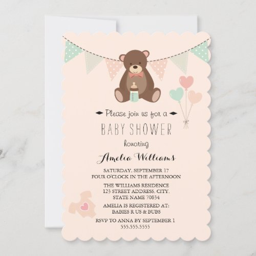 Sweet Teddy Bear Bunting Girl Baby Shower Invite