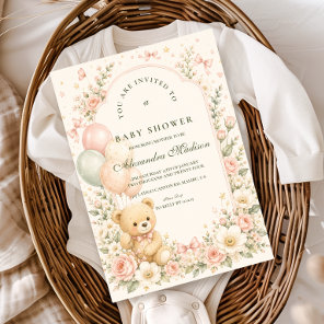 Sweet Teddy Bear Floral Baby Shower Invitation