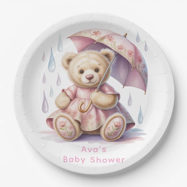 Sweet Teddy Bear Girl Baby Shower Paper Plates (Front)