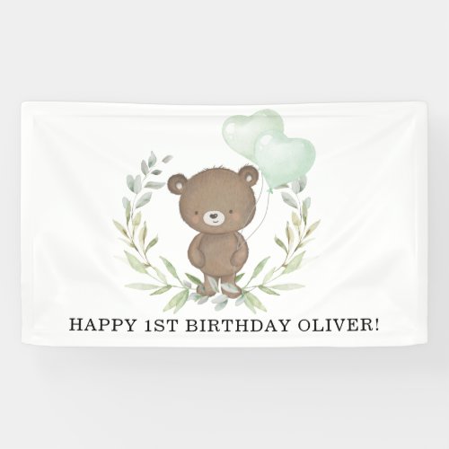 Sweet Teddy Bear Greenery Wreath Happy Birthday Banner