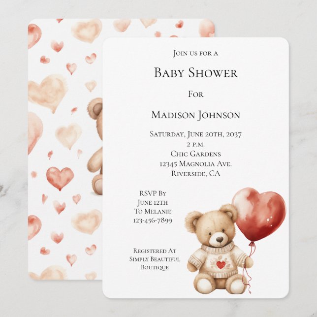 Sweet Teddy Bear Heart Balloon Baby Shower Invitation (Front/Back)