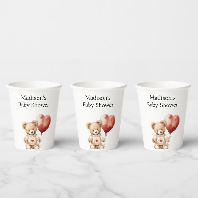 Sweet Teddy Bear Heart Balloon Baby Shower Paper Cups (Multi)