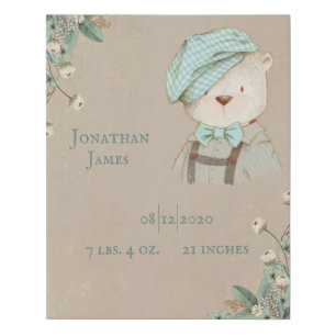 Sweet Teddy Bear Name Personalize Birth Stats Faux Canvas Print