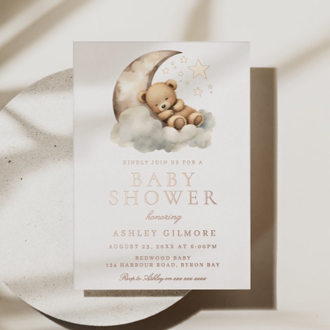 Sweet Teddy Bear Neutral Baby Shower Rose Gold Foil Invitation (Creator Uploaded)