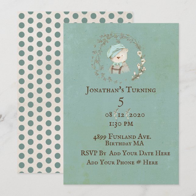 Sweet Teddy Bear Overalls Hat Name Personalization Invitation (Front/Back)